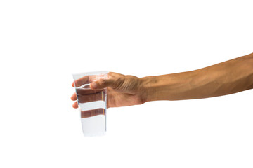 Hand isolated : A cropped female hand holding pure water in plastic glass giving on white background include clipping path Easy to use for cutout.