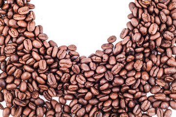 half circle corner frame of roasted coffee beans isolated on white use as background or texture with your favorite text