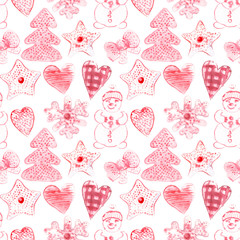 New Year seamless patterns, painted in hand-made water-colors, New Year's attributes and toys, New Year's atmosphere of fun, suitable for printing, truly seamless, of high quality, drawn in a realisti