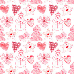 New Year seamless patterns, painted in hand-made water-colors, New Year's attributes and toys, New Year's atmosphere of fun, suitable for printing, truly seamless, of high quality, drawn in a realisti