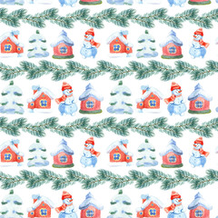 New Year seamless patterns, painted in hand-made water-colors, New Year's attributes and toys, New Year's atmosphere of fun, suitable for printing, truly seamless, of high quality, drawn in a realisti