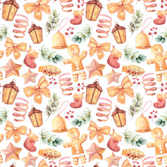 New Year seamless patterns, painted in hand-made water-colors, New Year's attributes and toys, New Year's atmosphere of fun, suitable for printing, truly seamless, of high quality, drawn in a realisti