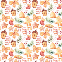 New Year seamless patterns, painted in hand-made water-colors, New Year's attributes and toys, New Year's atmosphere of fun, suitable for printing, truly seamless, of high quality, drawn in a realisti