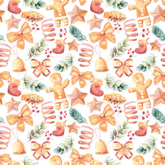 New Year seamless patterns, painted in hand-made water-colors, New Year's attributes and toys, New Year's atmosphere of fun, suitable for printing, truly seamless, of high quality, drawn in a realisti