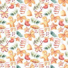 New Year seamless patterns, painted in hand-made water-colors, New Year's attributes and toys, New Year's atmosphere of fun, suitable for printing, truly seamless, of high quality, drawn in a realisti