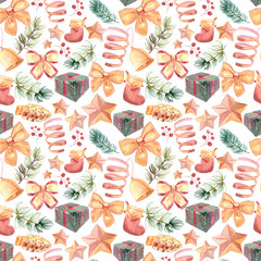 New Year seamless patterns, painted in hand-made water-colors, New Year's attributes and toys, New Year's atmosphere of fun, suitable for printing, truly seamless, of high quality, drawn in a realisti