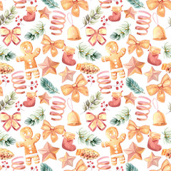 New Year seamless patterns, painted in hand-made water-colors, New Year's attributes and toys, New Year's atmosphere of fun, suitable for printing, truly seamless, of high quality, drawn in a realisti