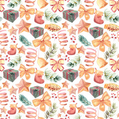 New Year seamless patterns, painted in hand-made water-colors, New Year's attributes and toys, New Year's atmosphere of fun, suitable for printing, truly seamless, of high quality, drawn in a realisti