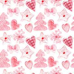 New Year seamless patterns, painted in hand-made water-colors, New Year's attributes and toys, New Year's atmosphere of fun, suitable for printing, truly seamless, of high quality, drawn in a realisti