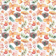 New Year seamless patterns, painted in hand-made water-colors, New Year's attributes and toys, New Year's atmosphere of fun, suitable for printing, truly seamless, of high quality, drawn in a realisti