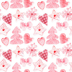 New Year seamless patterns, painted in hand-made water-colors, New Year's attributes and toys, New Year's atmosphere of fun, suitable for printing, truly seamless, of high quality, drawn in a realisti