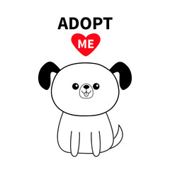 Adopt me. Contour sitting dog silhouette. Red heart. Pet adoption. Kawaii animal. Cute cartoon pooch character. Funny baby puppy . Help homeless animal Flat design. White background