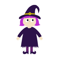 Girl wearing Witch costume curl hat. Happy Halloween. Cartoon funny spooky baby magic character. Cute head face. Greeting card. Flat design. White background. Isolated.