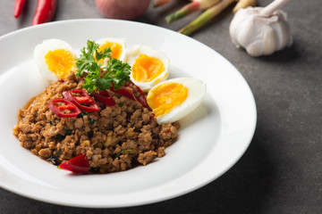 Pad Ka-prao  stir fried chopped minced pork with chili and basil