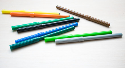 Set of multi-colored felt-tip pens on a light background.