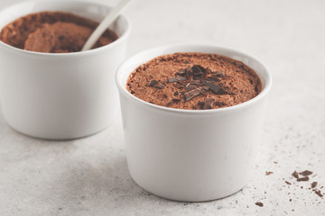 Chocolate mousse from aquafaba. Vegan chickpea souffle dessert.