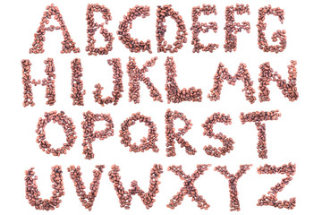 Alphabet from coffee beans. Isolated on white background