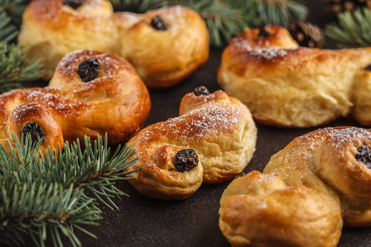 Traditional Swedish Christmas saffron buns (lussebulle or lussekatt). Swedish christmas.
