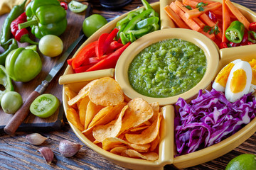 green salsa verde, mexican cuisine, top view