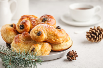 Traditional Swedish Christmas saffron buns (lussebulle or lussekatt). Swedish christmas.