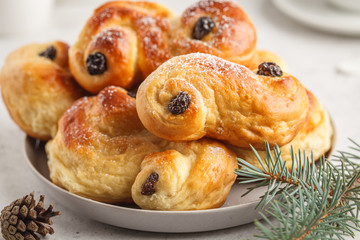 Traditional Swedish Christmas saffron buns (lussebulle or lussekatt). Swedish christmas.