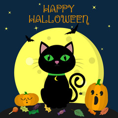 The Halloween black cat sits against the full moon at night. Nearby are two pumpkins, sweets and leaves, volatile vampires and stars. Autumn holiday.