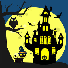 Happy Halloween. The Halloween cat in the witch s hat sits next to the witchs house. A tree, an owl, flying vampires, a spider, stars and a full moon at night.