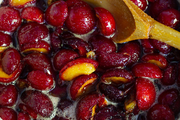 Plum jam, background, top view