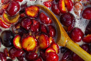 Plum jam, background, top view