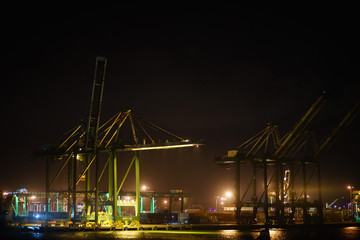 Container terminal in the port with huge cranes