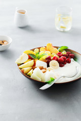 Healthy food table fruit breakfast natural yoghurt bowl