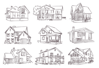 vector sketch of wooden house - obrazy, fototapety, plakaty