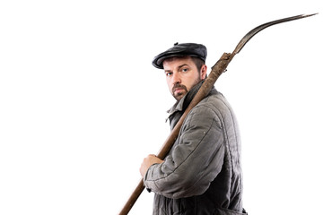 Peasant man with pitchfork on white background, serious concentrated look. Concept - hard life of...