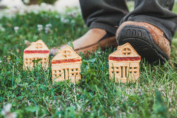 Cookies in shape of small house stand on green grass