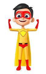 Boy in a yellow superhero costume shows muscles on a white background. 3d render illustration.