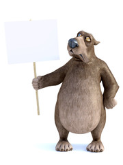 3D rendering of a cartoon bear holding blank sign.