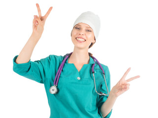 Young beautiful female doctor with stethoscope showing allright sign.