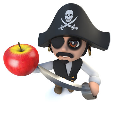 3d Funny cartoon pirate captain character holding an apple