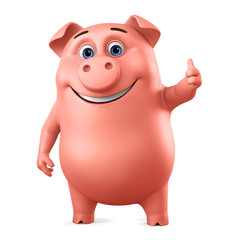 Cheerful pink pig character showing thumbs up. 3d render illustration.