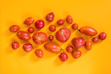 Many different red tomatoes on yellow surface.