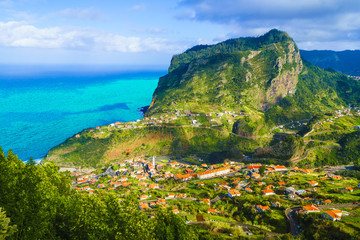 View of Faial village and Eagle rock, Madeira island, Portugal