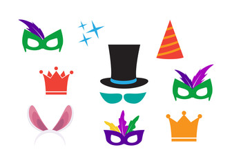Party Birthday photo booth props. Hat and mask, costume and cylinder, bunny ears nose moustache