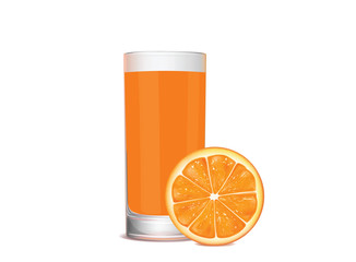 Glass of juice and fresh orange on white background