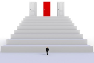 Success concept with businessman, Image of miniature businessman standing in front of red and white door on white wall background, 3D rendering