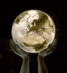 Italy on globe win hands