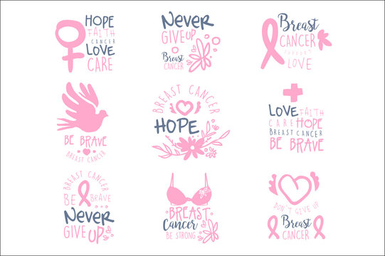 Breast Cancer Fund Collection Of Colorful Promo Sign Design Templates In Pink Color With International Cancer Sickness Symbols And Motivating Slogans