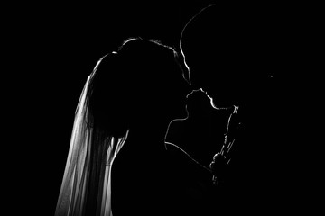 Wedding day, marriage couple, newlyweds in love, silhouette of bride and groom