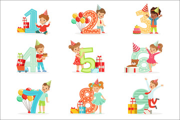 Naklejka premium Little Children Birthday Celebration Set With Adorable Kids Standing Next To The Growing Digits Of Their Age