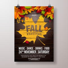 Autumn Party Flyer Illustration with falling leaves and typography design on vintage wood background. Vector Autumnal Fall Festival Design for Invitation or Holiday Celebration Poster.
