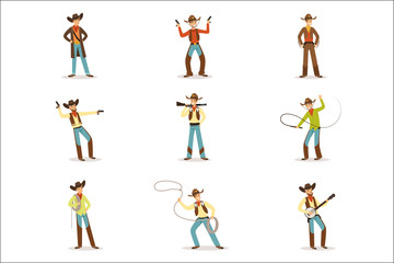 Fototapeta na wymiar North American Cowboy With Different Accessories Set Of Cartoon Characters, Modern Western Cattle Hurdlers In Traditional Texan Cowboy Outfit.